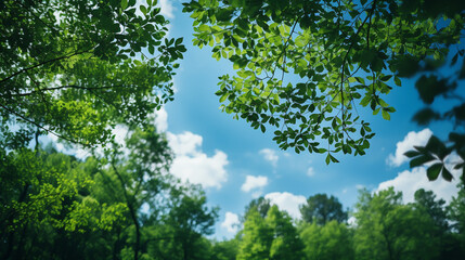 Bottom view of tall old trees in evergreen forest. Blue sky in the background. Low angle view of trees in the forest, natural background