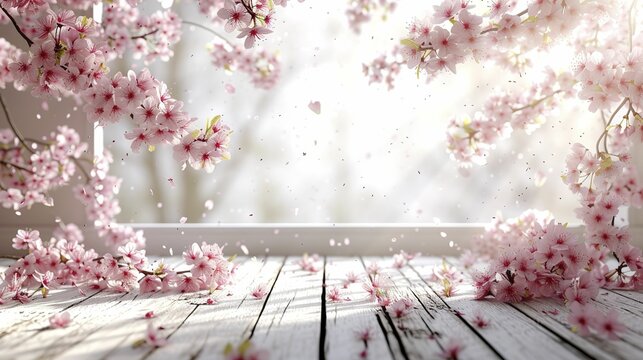 Spring background with pink blossoms and white wooden table flooring 