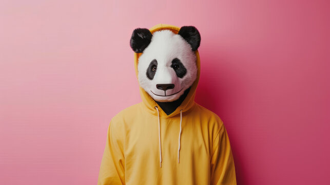 man posing look camera wear panda isolated on pink color background. Concept of caring for the planet and global warming. Confident man wearing panda mask standing