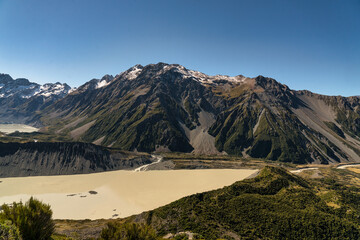 Looking down from the Sealy tarns walk in Aoraki Mt Cook National Park to the Hooker Valley track...