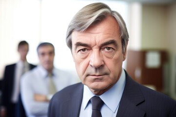 portrait of a mature businessman standing in an office with his colleagues blurred in the background