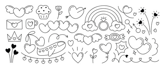 Set of valentine doodle element vector. Hand drawn doodle style collection of heart, airplane, cupcake, envelope, ring, rainbow, cherry. Design for print, cartoon, decoration, sticker, clipart. 