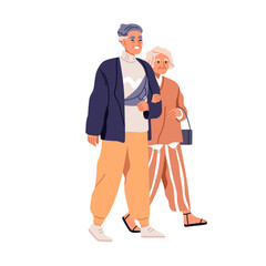 Happy senior couple walking. Elder aged man and woman, wife and husband strolling. Elderly old retired people, spouse in fashion apparel. Flat vector illustration isolated on white background