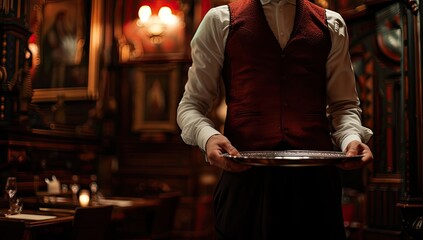 Against a backdrop of sophistication, a waiter presents impeccable service, exuding elegance and professionalism while carrying a tray of delectable delights in a luxury hotel environment. - obrazy, fototapety, plakaty