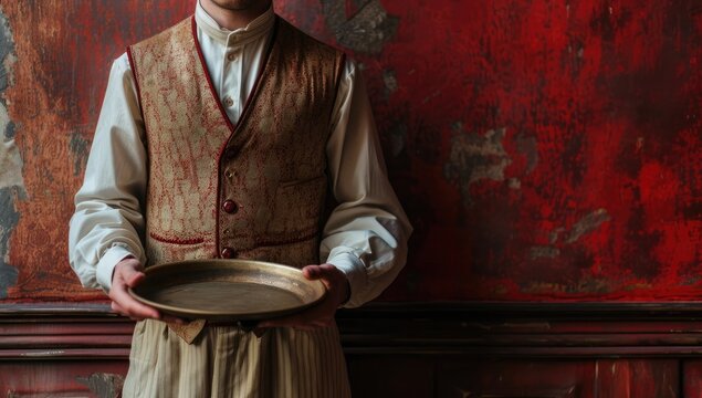 Against a backdrop of sophistication, a waiter presents impeccable service, exuding elegance and professionalism while carrying a tray of delectable delights in a luxury hotel environment.