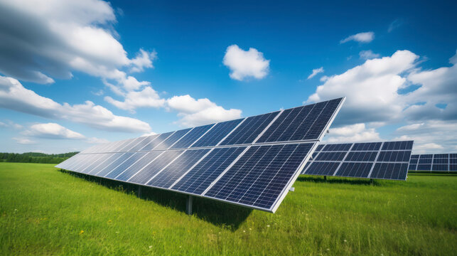Clean Energy Generation Under Blue Skies: Solar Power Station Utilizing Renewable Solar Energy Technology. Generative AI