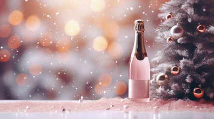 A Bottle of rose champagne, sparklings snowfall, christmas decorations and green spruce tree. Generative AI - obrazy, fototapety, plakaty