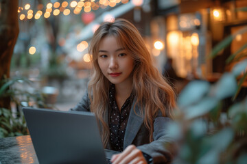 Fototapeta premium Asian confident hacker woman sitting at table using laptop computer