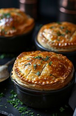 chicken pies in soup bowls on a black surface