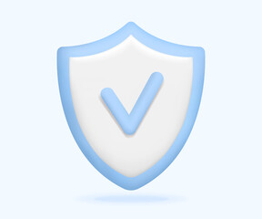 3d render icon shield with checkmark. Security, protection, defense, guarantee, insurance symbol. Vector illustration