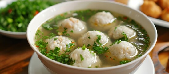 A delicious dish of soup with matzah balls and beef balls, served on a plate atop a table - a savory and satisfying meal.