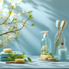 Clean and uncluttered backgrounds featuring spring cleaning items, evoking a tranquil atmosphere