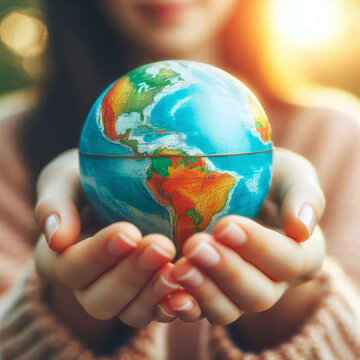 Close-up of female hands holding earth globe. Earth day concept
