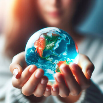 Close-up of woman hands holding earth globe. Global warming concept