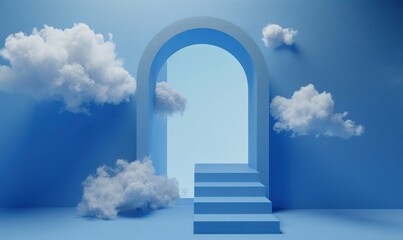 3d render, abstract blue background. White clouds flying inside the blue room with arch portal and steps. Minimalist wallpaper, Generative AI