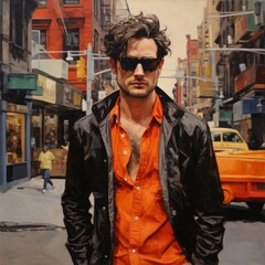 Oil painting of a young man in a city, bold brush strokes