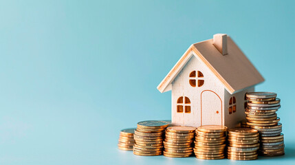money box in the shape of a small house on a light blue background