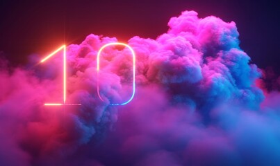3d render, neon linear number ten and colorful cloud glowing with pink blue neon light, abstract fantasy background, Generative AI - obrazy, fototapety, plakaty
