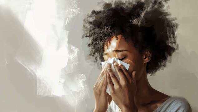 A sick woman at home, grappling with flu or allergic symptoms, coughs while tending to her health, highlighting the discomfort and challenges of illness.