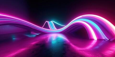 3d render. Abstract panoramic background of twisted dynamic neon lines glowing in the dark room with floor reflection. Virtual fluorescent ribbon loop. Fantastic minimalist, Generative AI
