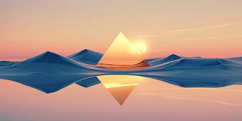 Fototapeten 3d render. Abstract minimalist background of fantastic sunset landscape, golden triangular flat mirrors, hills and reflection. Surreal aesthetic, Generative AI © Dream Big Studios