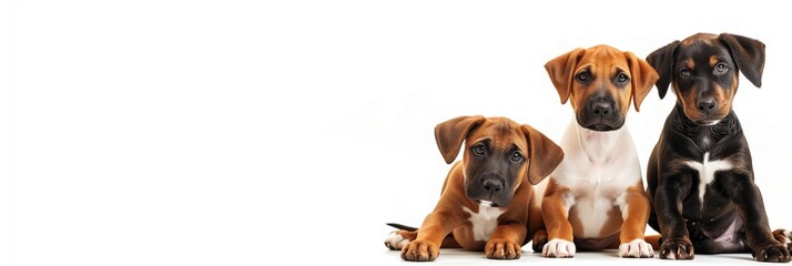 A banner with three sitting puppies on a white background. Studio photo with dogs, copy space.