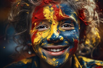 portrait of a girl with colombian flag colors painted on face 