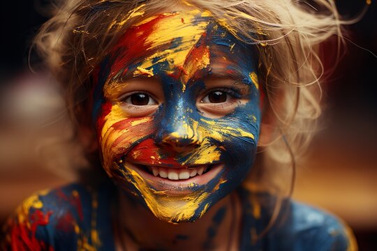 portrait of a girl with colombian flag colors painted on face 