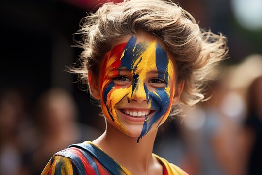 portrait of a girl with colombian flag colors painted on face 