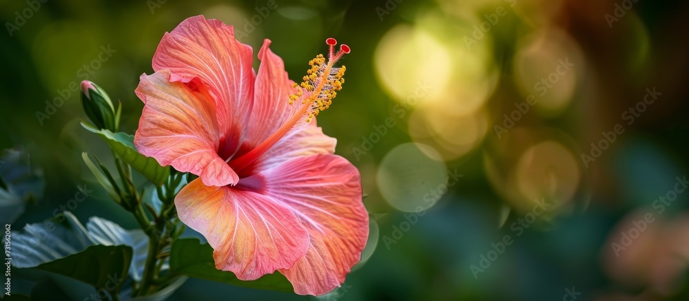 Poster A close-up of a Hawaiian hibiscus flower with peach-colored petals and a green background, showcasing the beauty of this terrestrial flowering plant.