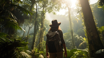 Fototapeta premium Sunlit Jungle: a Person Engulfed in Nature's Beauty. Generative AI