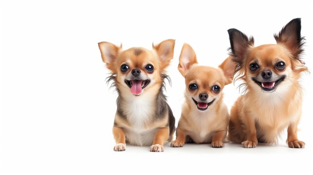 A banner with three sitting happy chihuahua dogs on a white background. Studio photo with puppies, copy space.
