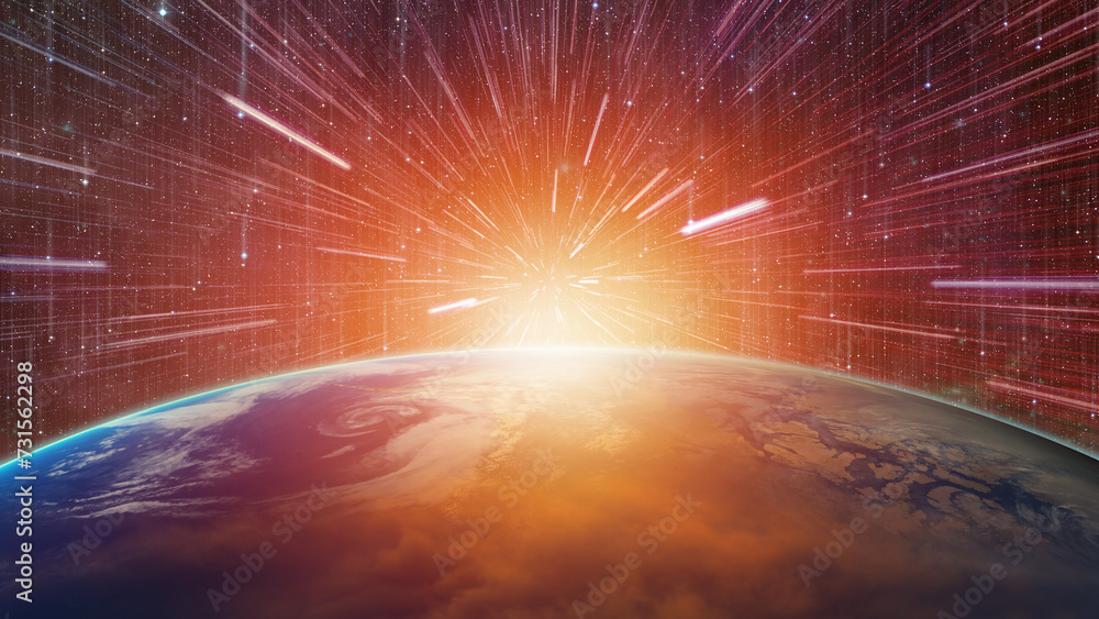 Poster abstract flight in space hyper jump illustration - planet earth with a spectacular sunset 
