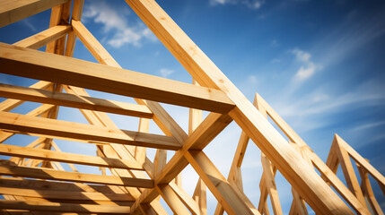 Installation of wooden beams at construction the roof truss system of the house. - 731562281