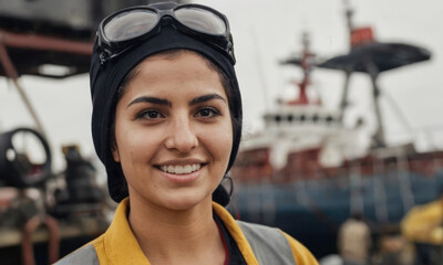 Fototapeta premium Portrait of a arab female ship's engineer in port