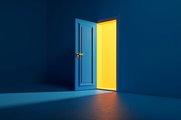3d render, yellow light going through the open door isolated on blue background. Architectural design element. Modern minimal concept. Opportunity, Generative AI