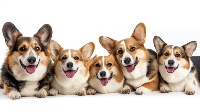 A banner with five happy corgi dogs lying on a white background. Studio photo with puppies.