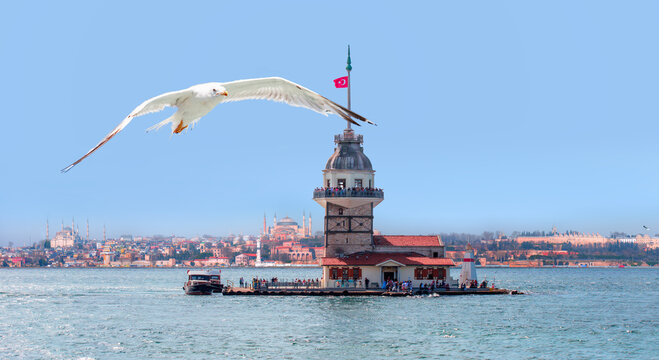 stanbul Maiden Tower (kiz kulesi) -   Historical peninsula Hagia Sophia, Sultanahmet Mosque, Topkapı palace in the background - Istanbul, Turkey
