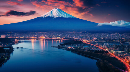 Fototapeta na wymiar Captivating Skyline View at Dusk over Illuminated Cityscape and Mount Fuji Landscape. Generative AI