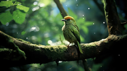 Perching Bird on Tree Branch in Lush Forest Habitat. Generative AI - obrazy, fototapety, plakaty