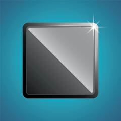 A black glass sparkling square button is isolated on a blue background