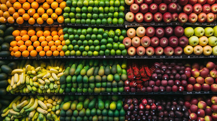 Colorful Array of Fruits on Supermarket Shelves - obrazy, fototapety, plakaty
