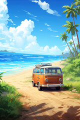 Camper van in a idyllic tropical sandy beach