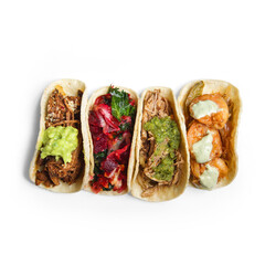 Delicious Mexican food tacos and burritos with beef, chicken, vegetables and guacamole, with transparent background and shadow