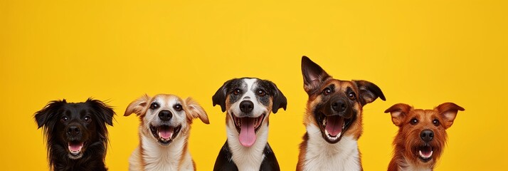 A banner with portrait of five happy dogs on a yellow background. Studio photo with puppies, copy space.