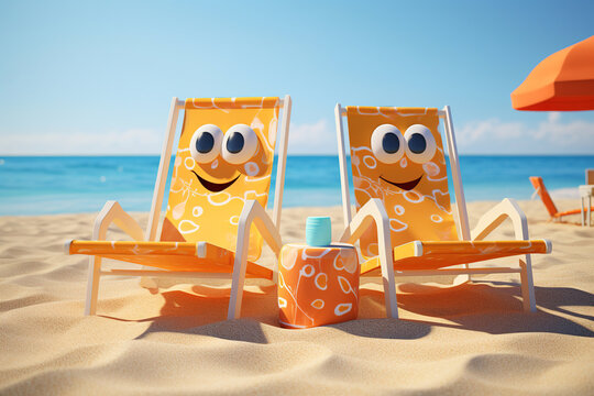 Yellow deck chairs with smile face on the beach
