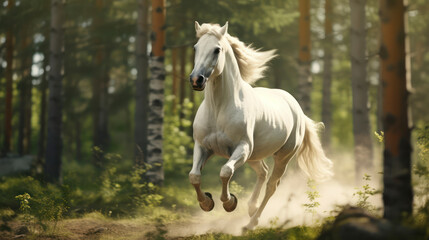 Obraz premium Graceful Stallion Galloping Through Lush Jungle. Generative AI