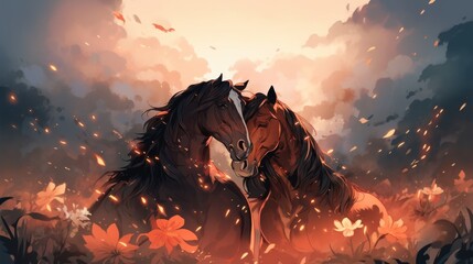 Illustration of Horses in Manga Style. AI Generative