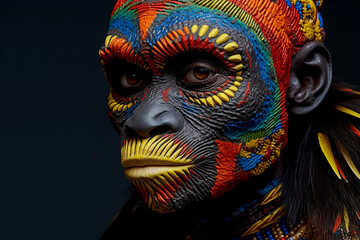 A close up of a person 's face with colorful paint on it