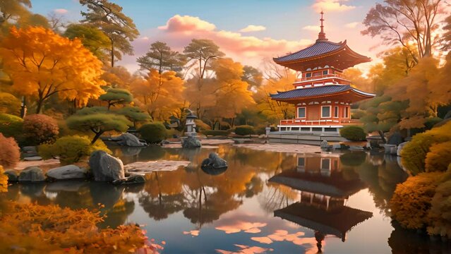 Autumn In Japanese Garden Fuji Moutain Background